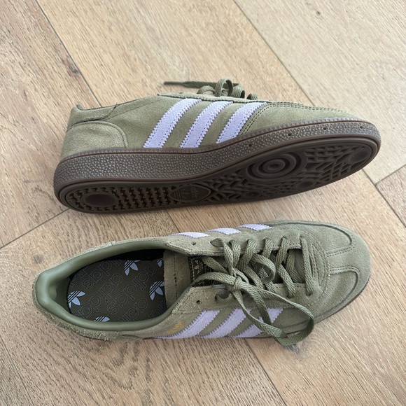 adidas Shoes - adidas Olive Green Suede Sneakers with White Stripes